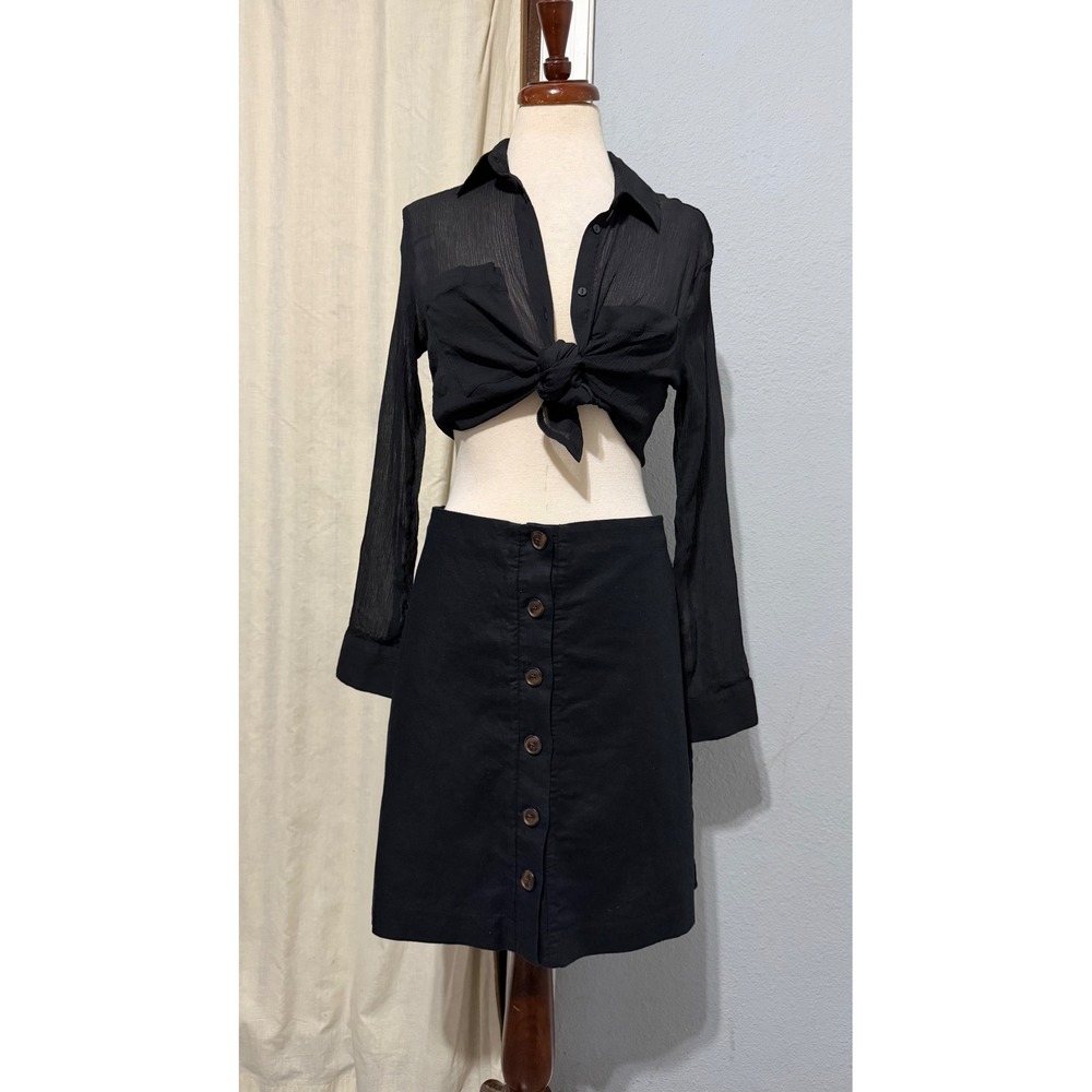 Gap Black 55% Linen 45% Cotton Mini Skirt Siz 16 Button Front Lined High Waisted